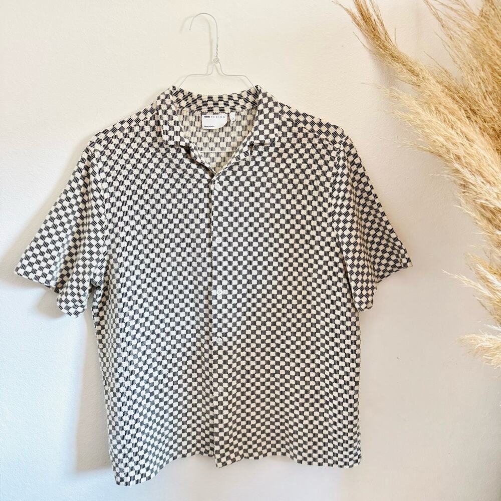 MENS ASOS DESIGN Black White Checker Print Button Down Short Sleeve Shirt Top S - Picture 3 of 13